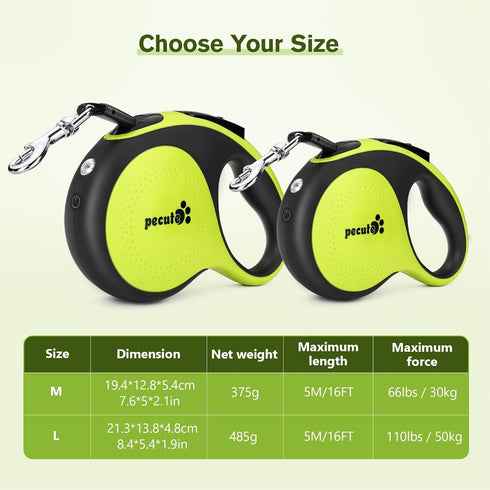 Pecute 16 ft Retractable Dog Leash with Light, 360° Tangle-Free Nylon Leash for Medium Large Dogs up to 66lbs