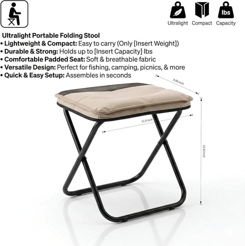 GYHZ 10" 440lbs, Portable Folding Stool for Adults, Lightweight Collapsible Camp Seat, XL Heavy Duty Folding Purse