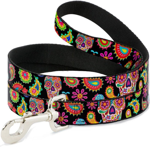 Buckle-Down Pet Leash - Bobo Sugar Skull/Paisley, Black/Multi Color, 4 Feet Long, 1/2" Wide