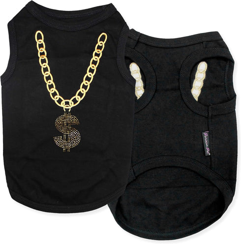 Parisian Pet Dog T-shirt - Embroidered “Bling $” Tank Top - 100% Cotton Lightweight Sleeveless Black Tee Shirt for