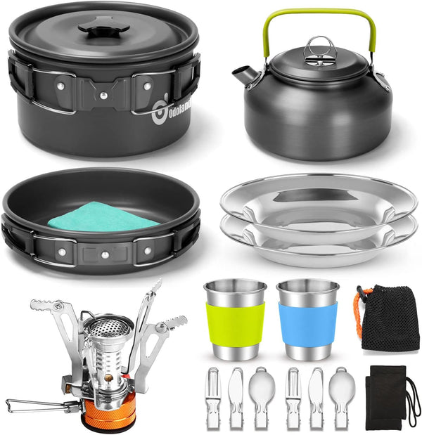 Odoland 16pcs Camping Cookware Set - Folding Camping Stove, Non-Stick Lightweight Pot Pan Kettle Set for Outdoor