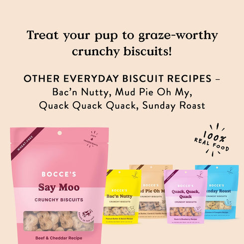 Bocce's Bakery Oven Baked Say Moo Treats for Dogs, 5 oz, Wheat-Free, All-Natural Beef & Cheddar Biscuits