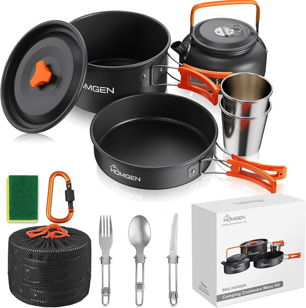 HOMGEN Camping Cooking Set - Lightweight Aluminium Pots and Pans Kit for 2-3 People, Perfect for Camping, Picnic, Hiking