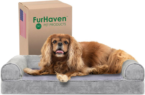 Furhaven Cooling Gel Dog Bed for Medium/Small Dogs, Removable Bolsters, Washable Cover, Faux Fur & Velvet, Smoke Gray