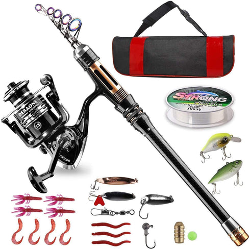 Fishing Rod Kit - Carbon Fiber Telescopic Fishing Pole and Reel Combo with Spinning Reel, Line, Lure, Hooks, Carrier