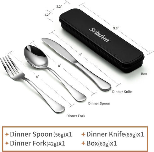 Travel Cutlery Set with Case Portable Silverware Utensils Set,4-pieces Stainless Steel Reusable Flatware Set Cutlery Set for Camping Picnic Hiking Office, Dishwasher Safe (8inch, Silver) by Selafun