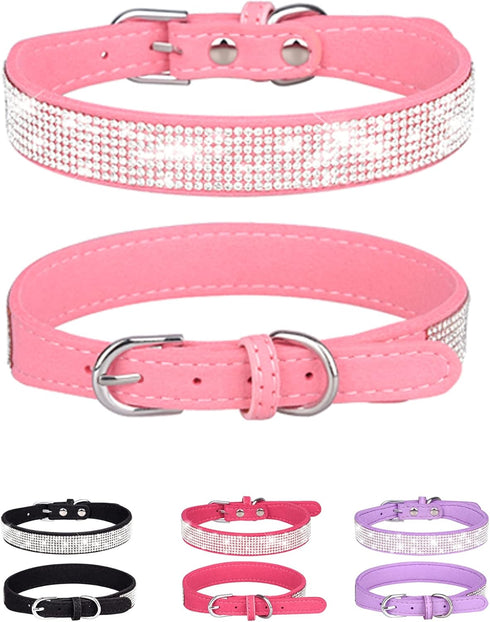 Adjustable Leather Suede Bling Dog Collar for Large Dogs, Pink Rhinestone Dog Collar Cat Collar (L, Pink)