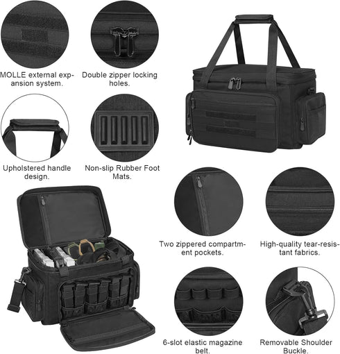 ORKELS Gun Range Bag for 4 Handguns and Ammo, Pistol Shooting Bag with Magazine Slots
