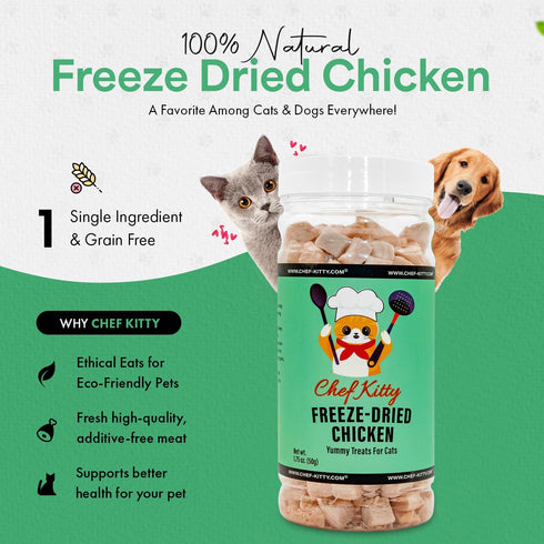 100% 1.75 oz Freeze Dried Chicken Cat Treats | Healthy Dog Food Toppers Human Grade | Single Ingredient, Grain Free