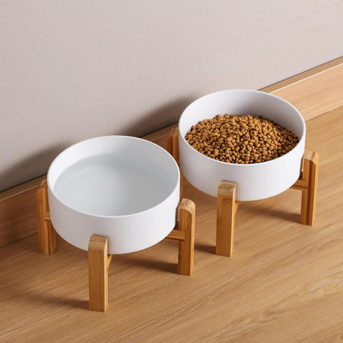 Elevated/Raised Dog Bowl Wood Stand for Medium Large Breed, 8 in Non Slip Porcelain Pet Bowl Stand, Extra Big Height