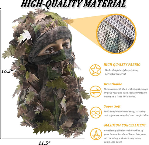 Ghillie Camouflage Leafy Hat, Camo 3D Leaf Face Mask, Full Coverage Breathable Hunting Accessories