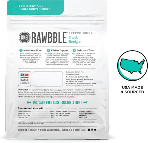 BIXBI Rawbble Freeze Dried Dog Food, Duck Recipe, 4.5 oz - 95% Meat and Organs, No Fillers, USA Made