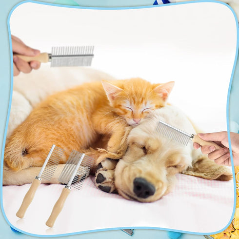 2 Pcs Dog Metal Combs - Cat Wooden Handle Grooming Comb, Double Side Metal Comb for Dogs and Cats