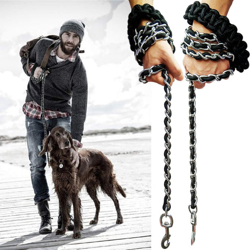 Dog Leash Metal Leashes with Pet Collar, Heavy Duty Anti Bite Chain Rope Hook for Training Walking Medium and Large Dogs