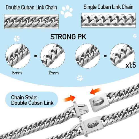 BAOBOTE Silver Chain Dog Collar, 16MM 18K Silver Heavy Duty Cuban Link with Secure Snap Buckle, Chew Proof (16" Silver)