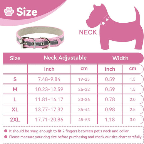 Reflective Dog Collar with Cute Paw Rivet, Soft PU Leather Adjustable Collars for Small Medium Large Dogs Cats (Pink,