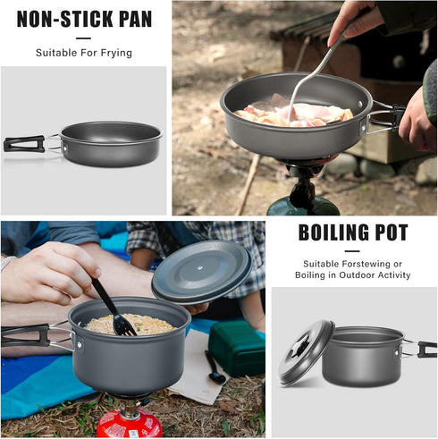Lixada Camping Cookware Mess Kit, 10pcs Non-Stick Lightweight Stackable Pot Pan Bowls with Storage Bag for Hiking