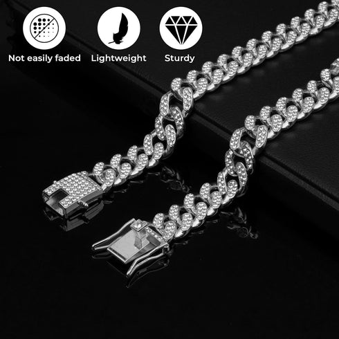 Dog Chain Collar, Silver Dog Necklace Diamond Cuban Link 13mm Wide Metal Pet Collar for Large Medium Small Dogs