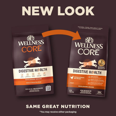 Wellness CORE Digestive Health Dry Dog Food with Wholesome Grains, Highly Digestible, for Dogs with Sensitive Stomachs, Made in USA with Real Chicken (Adult, 4-Pound Bag)