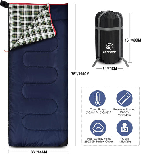 REDCAMP Cotton Flannel Sleeping Bag for Camping, Adults Cold Weather Envelope Sleeping Bags with 2/3/4lbs Filling