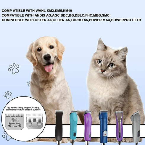 10 Blade Dog Grooming Clipper Replacement Blades, Compatible with Andis, Detachable Ceramic & Stainless Steel