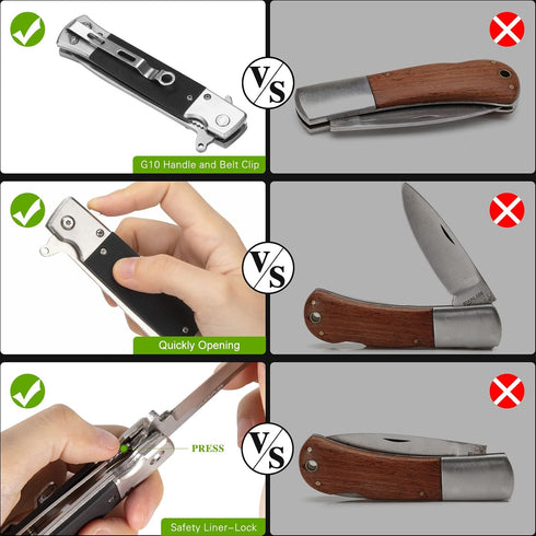 GVDV Folding Pocket Knife, 7CR17 Stainless Steel EDC Knife with G10 Handle, Safety Liner Lock for Camping and Hiking