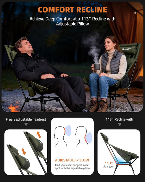 Trakiom High Back Portable Compact Camping Chair, Lightweight Green Folding Chair with Head Support & Widened Seat