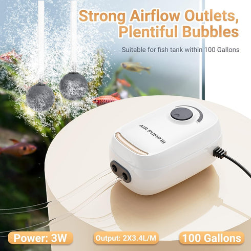 3W/6W Aquarium Air Pump, Adjustable Aquarium Aerator with 2-Outlet, Super-Powerful & Quiet Oxygen Pump for Fish Tanks up to 100/200 Gallon with Full Accessories.(UPGRADE Noise-Reduce)
