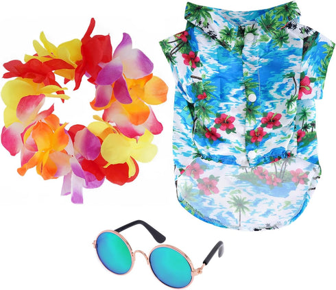 3 Pieces Pet Dog Hawaiian Costume, Summer Shirts for Small Medium Dogs with Funny Sunglasses
