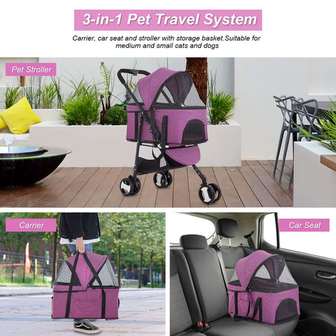 3-Wheels 3-in-1 BestPet Premium Multifunction Pet Stroller for Medium Small Dogs & Cats - Detachable Carrier