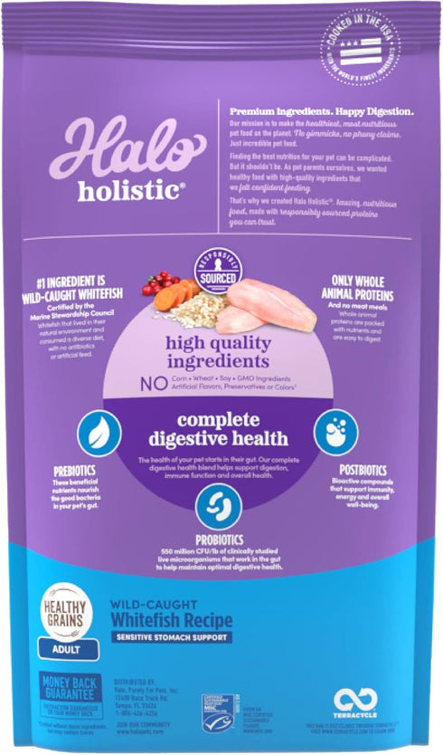 Halo Holistic Cat Food Dry, Wild-caught Whitefish Recipe for Sensitive Stomach Support, Complete Digestive Health, Dry Cat Food Bag, Sensitive Stomach Formula, 3-lb Bag