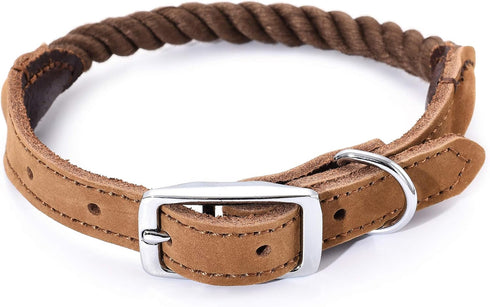 Mile High Life Rope Dog Collar - Durable Braided Cotton with Genuine Leather and Metal Pin Buckle for Medium Dogs (Dark