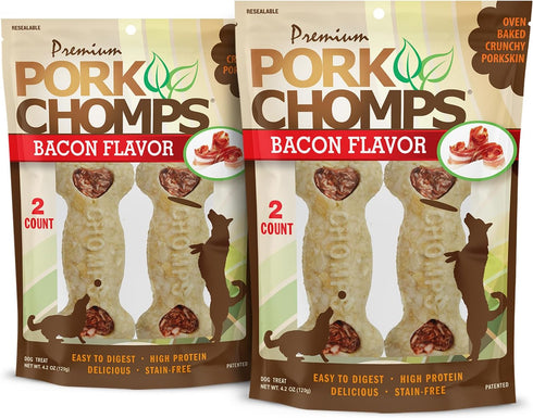 Pork Chomps Dog Chews, 4-inch Crunchy Bones, Bacon Flavor, 2 Count (Pack