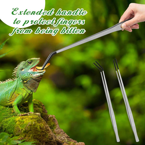 2 Pcs Extra Long Stainless Steel Reptile Feeding Tongs - Rubber Tip Bearded Dragon Aquarium Tweezer Tool (Silver, 18.5