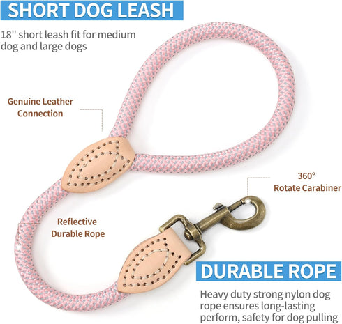 Mile High Life Short Dog Leash for Large Dogs, Reflective Heavy Duty Leash for Training and Walking, Pink