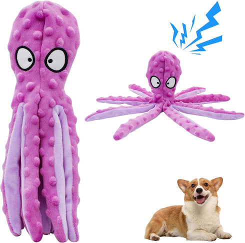 Squeak Dog Toy, 12.5In Plush Octopus with Crinkle Paper and Squeaky Inside, No Stuffing for Indoor Dogs (Purple)