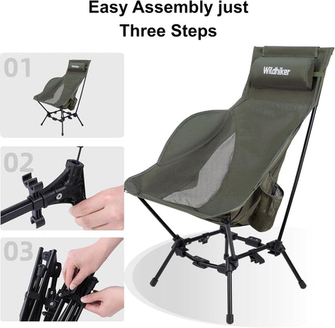 Wildhiker Compact High Back Camping Chair - Foldable with Dual Sitting Modes, Pillow, Arm Pads and Side Pockets