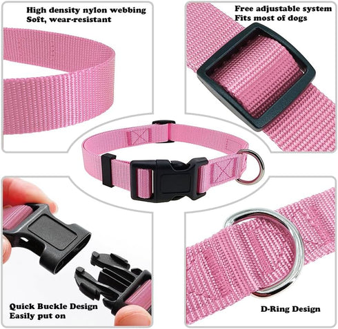 Pink Basic Adjustable Dog Collar for Small Medium Large Dogs, Breathable Quick Release Nylon Pet Collar