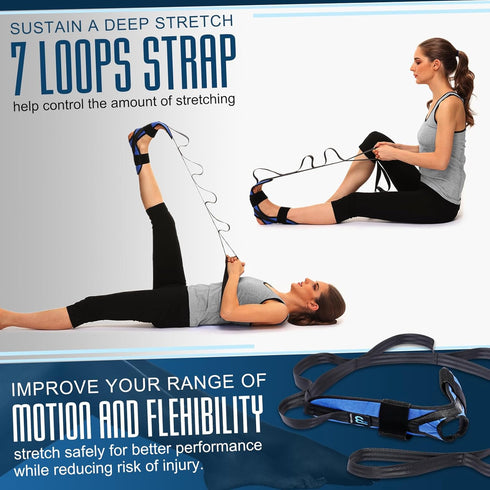 Foot and Calf Stretcher for Plantar Fasciitis, Blue Yoga Stretching Strap for Achilles Tendonitis, Heel Spurs, Drop Foot
