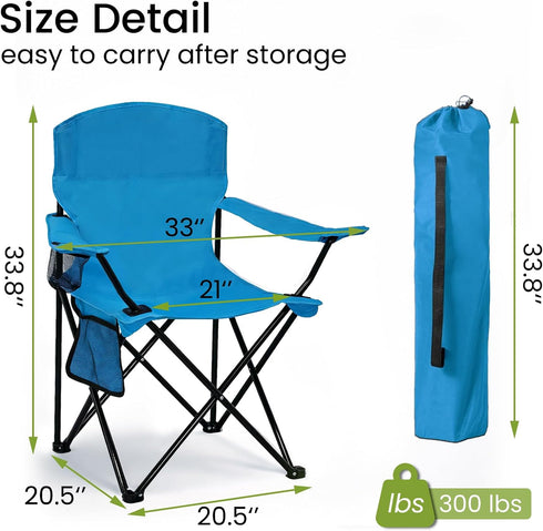 300lbs Folding Camping Chair with Cup Holder & Side Storage Bag Capacity Lightweight High Back Portable for Beach