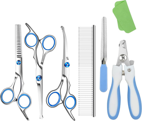 Dog Grooming Scissors Kit - Includes Curved, Thinning, Straight Scissors, Comb, Nail Clippers for Small Dogs & Puppies