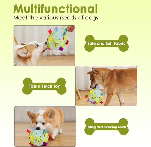Dog Squeaky Plush Ball Toy with Straps, 6 Inches Soft Stuffed Ball with Cotton Material and Bell for Fetch