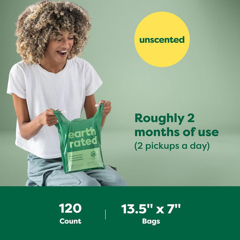 120 Earth Rated Dog Poop Bags with Handles, Extra Wide, Easy Tie and Guaranteed Leakproof, Unscented, Handle Bags