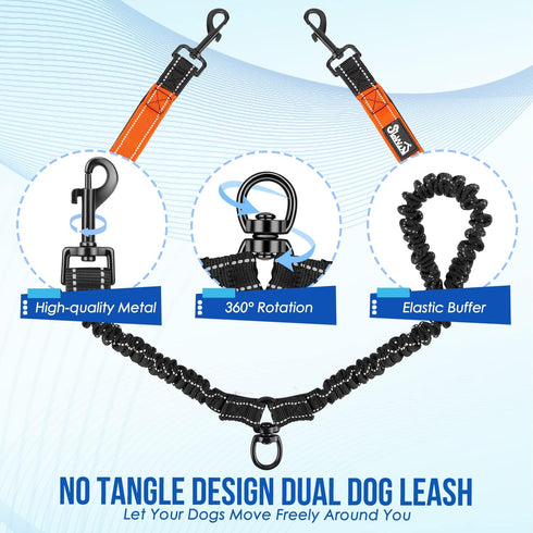 Lukovee Double Dog Leash - No Tangle 360° Swivel Heavy Duty Reflective Lead for Dogs (Orange, L)