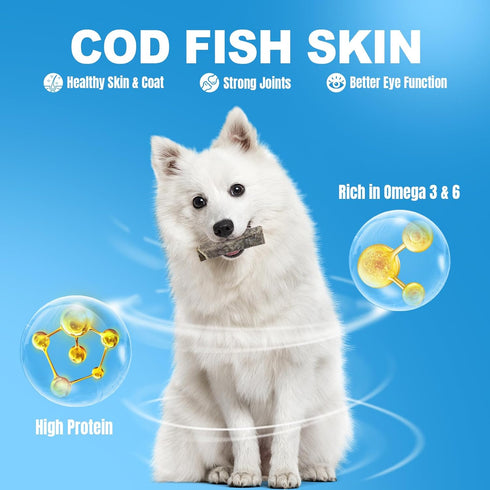 Amzey Cod Skin Dog Treats, 24 OZ, Pack of 4 Resealable Bags, 100% Natural Dried Cod Fish Chews, High Protein Omega-3