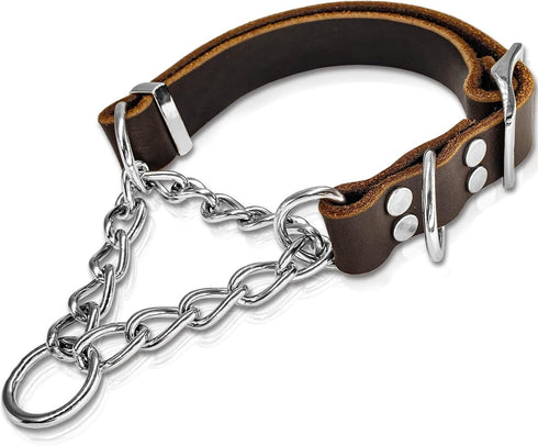 Leather Martingale Dog Collar, Adjustable for Medium Large Dogs, Soft Genuine Cowhide with Stainless Steel Chain (L,