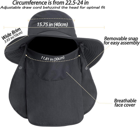 Sun Hat for Men Women - Summer UV Protection Wide Brim Fishing Hat with Face Cover & Neck for Hiking