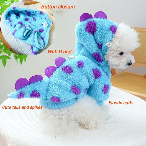 Dinosaur Dog Clothes for Small Dogs: Fleece Winter Puppy Hoodies with Leash Ring, Funny Costume for Christmas Halloween