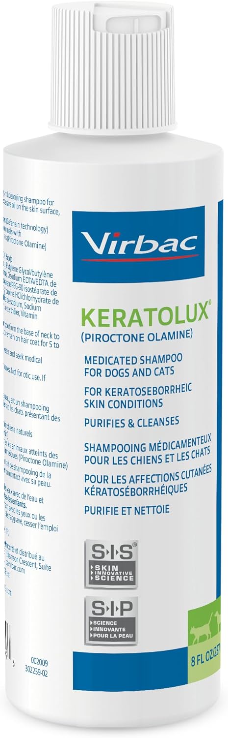 8 oz Virbac KERATOLUX (Piroctone Olamine) Medicated Shampoo for Oily to Flaky Skin, Seborrheic Prone Dogs and Cats