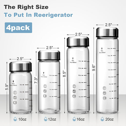 12oz 4 Pack Juice Bottles - Wide Mouth Glass Bottles with Lids- BPA Free, Stainless Steel Lids for Juicing, Smoothies